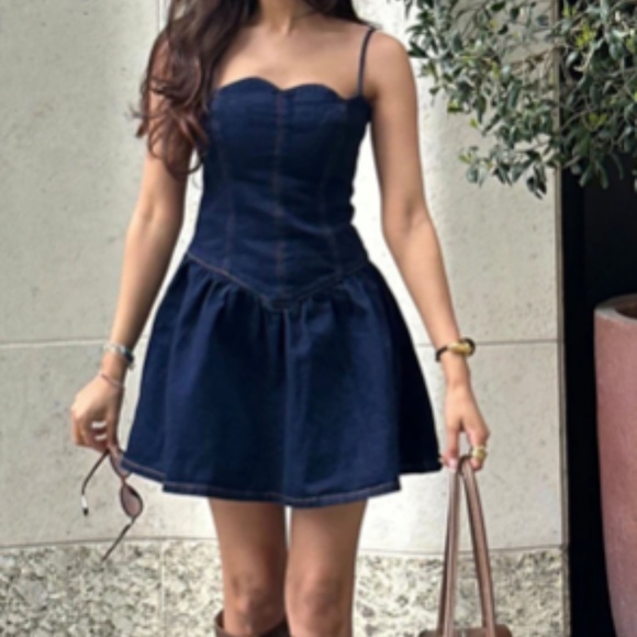 Cheyenne Scallop Denim Mini Dress - Indigo Blue - Picture 1 of 3